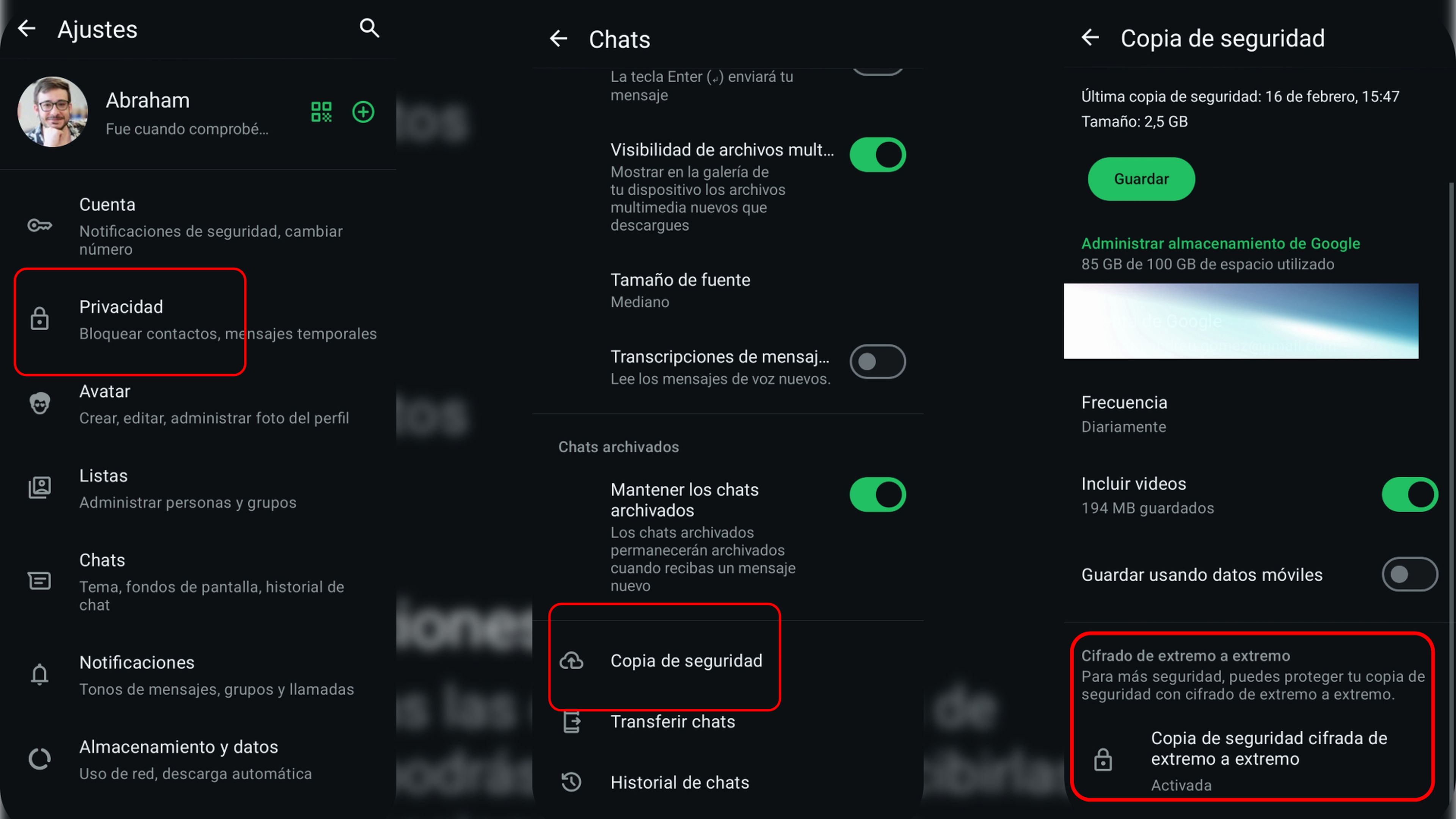 WhatsAppを安全に利用するために:スパイ行為を防ぐための5つの簡単な手順 🔒 10 Activar copia de seguridad cifrada de extremo a extremo en WhatsApp