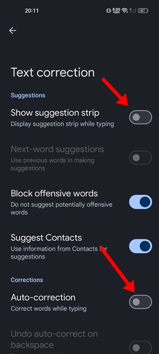 Desactivar autocorrección en Gboard para Android