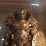 Doom The Dark Ages 10 trucos - Guerrero medieval con armadura futurista y escudo en Doom The Dark Ages dentro de una fortaleza futurista, ilustrando guía de 10 consejos y trucos para dominar el juego.