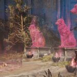 Estatuas de Lobo - Conjunto de estatuas de lobos rosas brillando sobre pedestales en una zona de ruinas y vegetación de Doom, mostrando la ubicación de todas las estatuas de lobos en Doom The Ancient Gods.