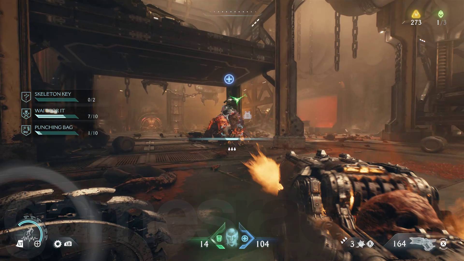 《毁灭战士：黑暗时代》中，掠夺者向粉红恶魔射击，同时进行扫射。