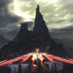 Wraithstones Nerathul - Imagen de Doom The Dark Ages mostrando al protagonista volando sobre un dragón mecánico hacia una montaña oscura y tormentosa, en la zona donde se encuentran las Piedras Fantasma, guía de ubicación de todas las Piedras Fantasma en Doom The Dark Ages.