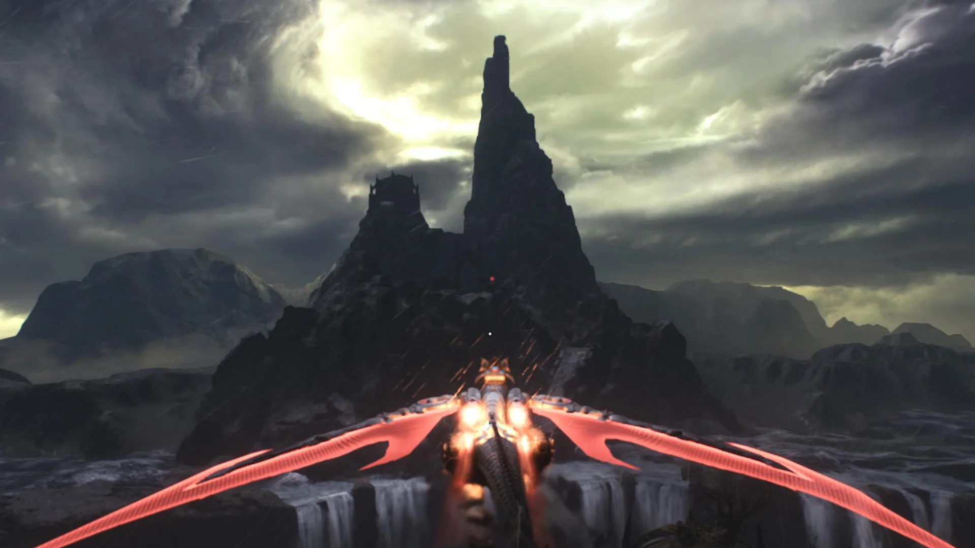 Pierres spectrales de Nerathul - Image tirée de Doom The Dark Ages montrant le protagoniste volant sur un dragon mécanique vers une montagne sombre et orageuse, dans la zone où se trouvent les Pierres spectrales, un guide de l'emplacement de toutes les Pierres spectrales dans Doom The Dark Ages.