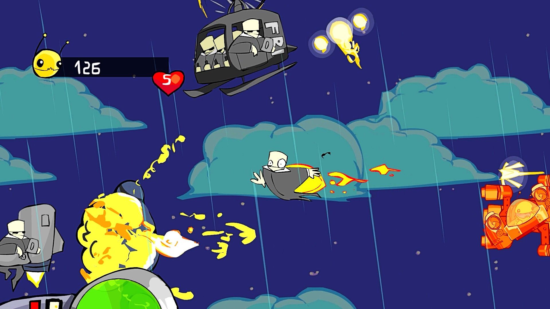 Player destroying agents in helicopters in Alien Hominid.