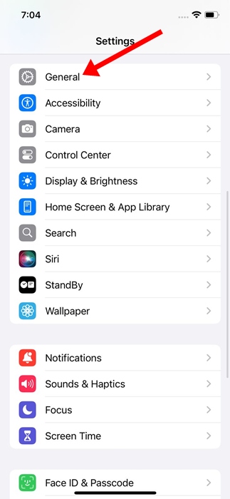Pantalla de General en Configuración de iPhone