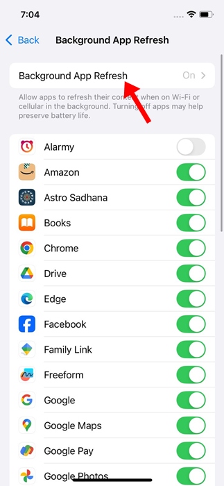 Menú para activar o desactivar actualización en segundo plano