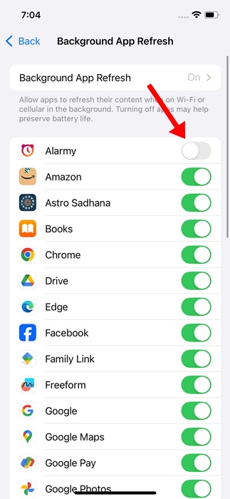 Lista de aplicaciones con opción de actualización en segundo plano
