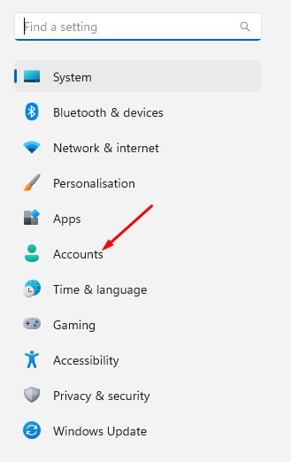 Accounts tab in Windows 11 Settings