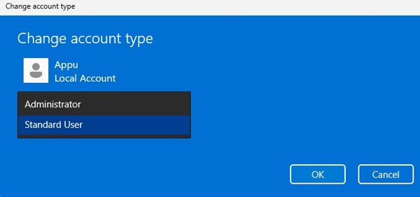 Select Standard or Administrator account type in Settings