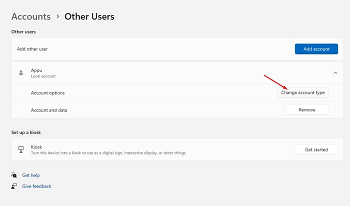 Change account type button in Settings