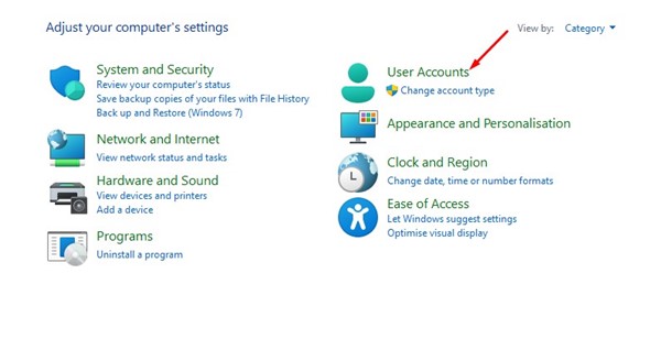 User Accounts option in Control Panel