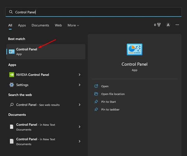 Control Panel Search in Windows 11