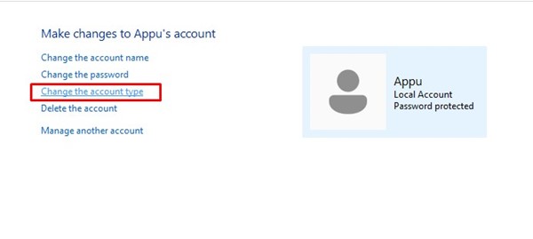 Change Account Type link in Control Panel