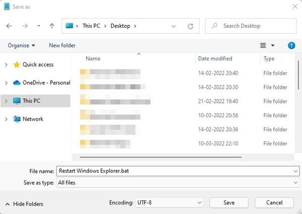 エクスプローラーを再起動するために .bat 拡張子で保存されたファイル