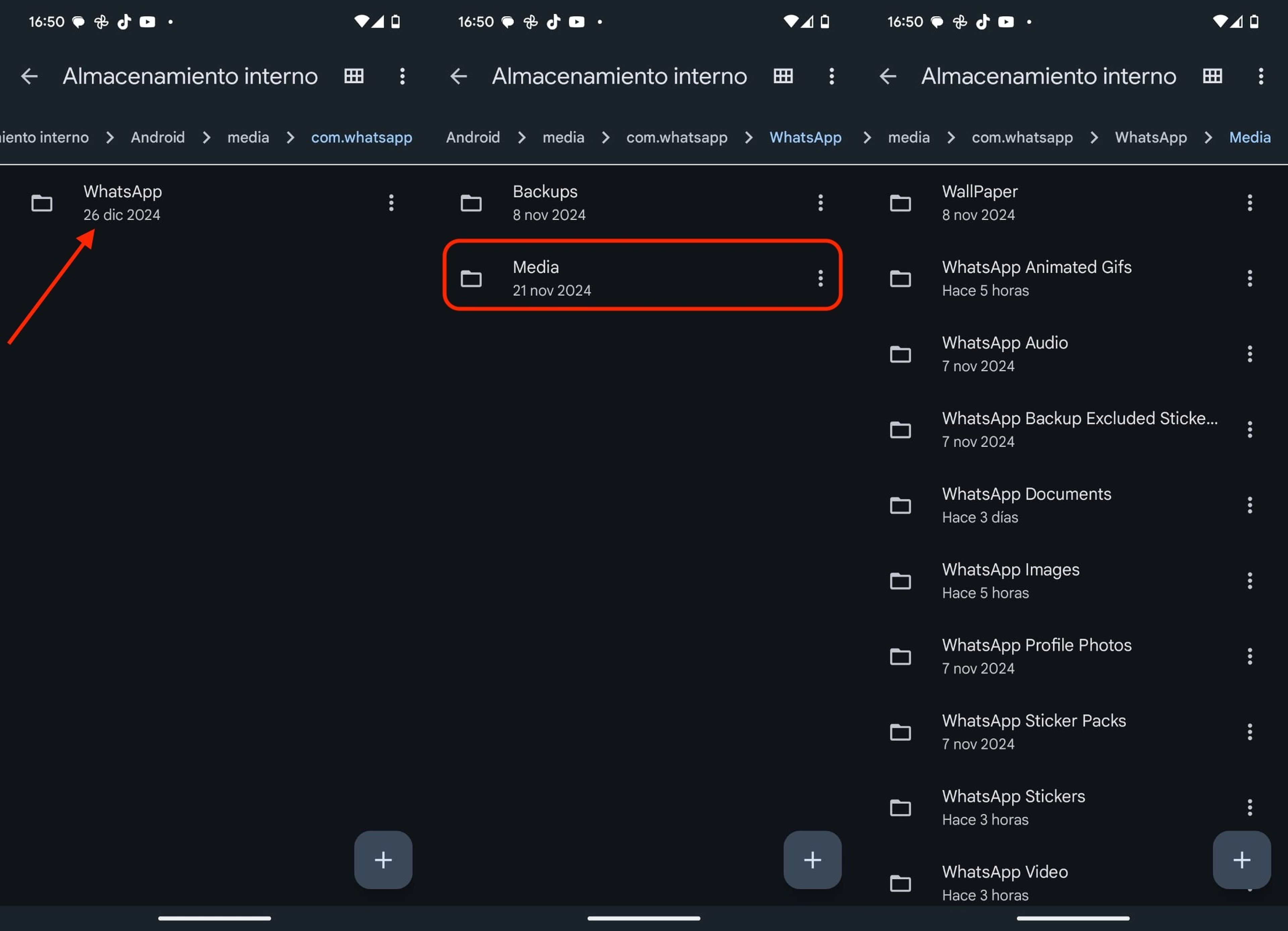 Explorador de archivos limpiando almacenamiento de WhatsApp en Android