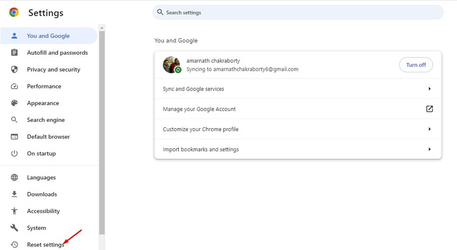 Opción de restablecer configuración en Chrome