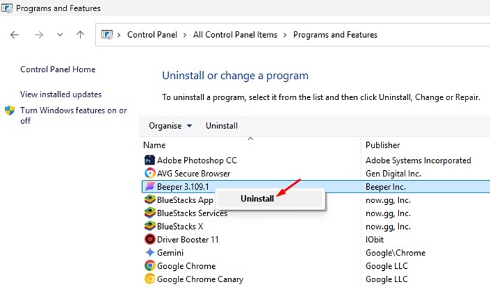 Panneau de configuration pour la désinstallation des programmes suspects