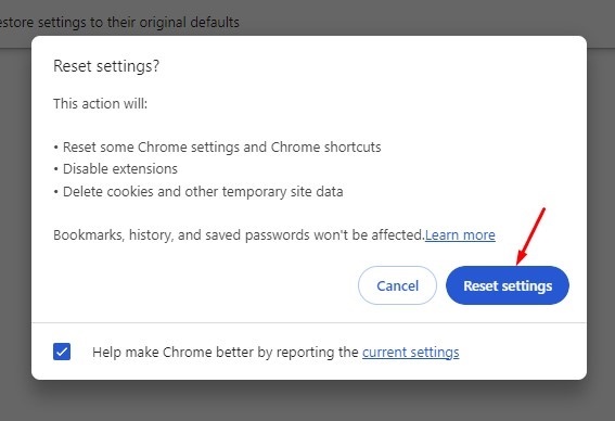 Écran de réinitialisation Chrome