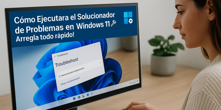 Cómo Ejecutar el Solucionador de Problemas en Windows 11 🚀 Soluciones fáciles y efectivas. 27 Cómo ejecutar el solucionador de problemas en Windows 11: persona usando PC con la ventana Configuración > Troubleshoot abierta para arreglar errores.