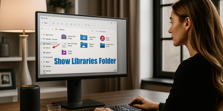 Cómo Mostrar u Ocultar Bibliotecas en Windows 11: Guía Paso a Paso 🚀🔒 29 Cómo Mostrar u Ocultar Bibliotecas en Windows 11 - Guía Windows 11: Explorador de archivos con la carpeta Bibliotecas resaltada en el panel lateral, mostrando cómo mostrar u ocultar Bibliotecas en el PC.