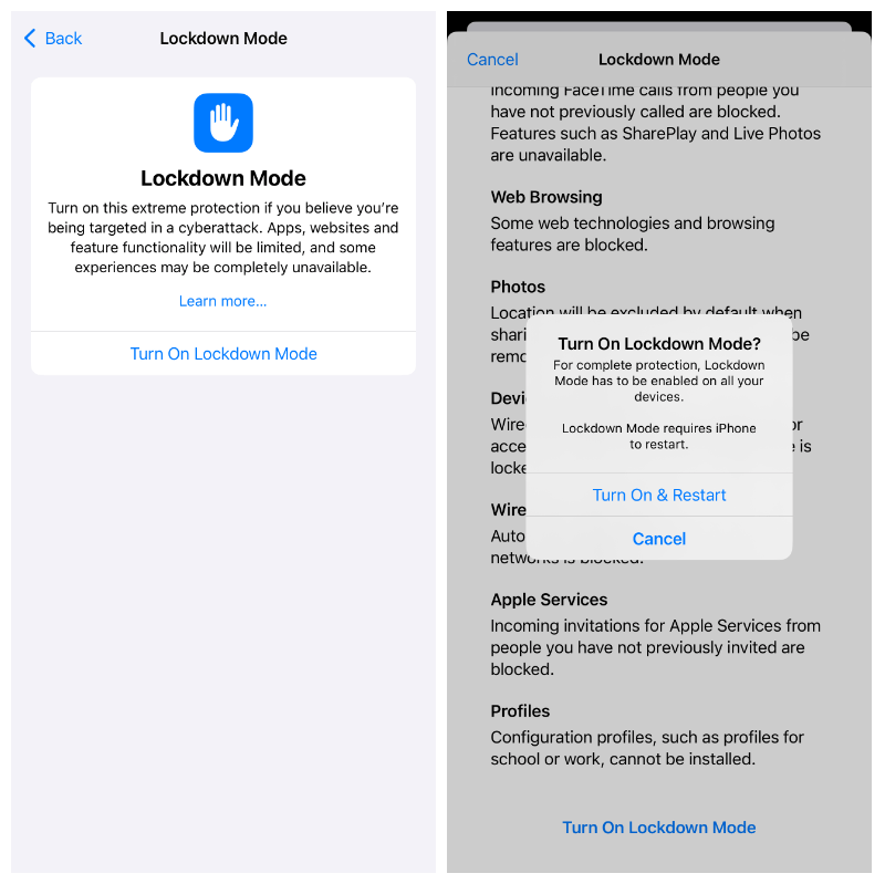 Lock Mode on iOS: Activate it NOW and secure your iPhone 7 Screenshots showing how to activate Lockdown Mode on iOS, with explanations and confirmations.