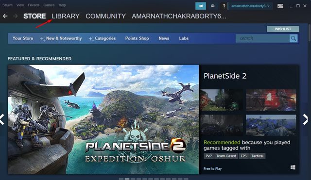 Haz clic en la pestaña Biblioteca de Steam para gestionar juegos