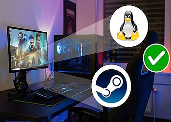 Linux Gaming 🎮 ค้นพบว่า Proton ปฏิวัติพีซีของคุณได้อย่างไรตอนนี้ ⚡ 17 Linux gaming - Setup gamer con PC y monitor mostrando juego de Steam, con logos de Linux, Steam y un check verde destacando compatibilidad y rendimiento para jugar en Linux y ejecutar hasta el 80 % de los juegos de Steam sin problemas.