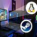 Linux gaming - Setup gamer con PC y monitor mostrando juego de Steam, con logos de Linux, Steam y un check verde destacando compatibilidad y rendimiento para jugar en Linux y ejecutar hasta el 80 % de los juegos de Steam sin problemas.