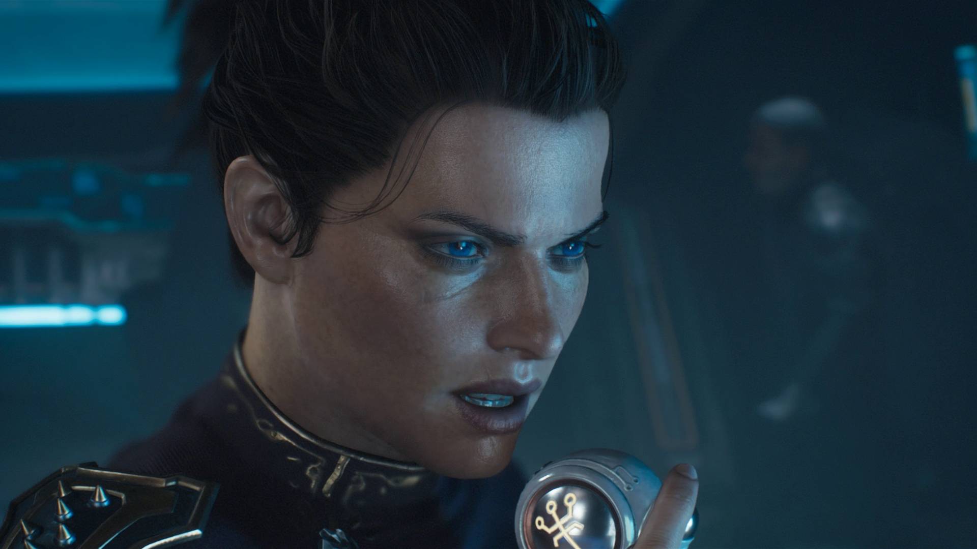 Doom The Dark Ages met Doom Slayer Thira die met Kreed Maykr praat met behulp van een speciaal apparaat