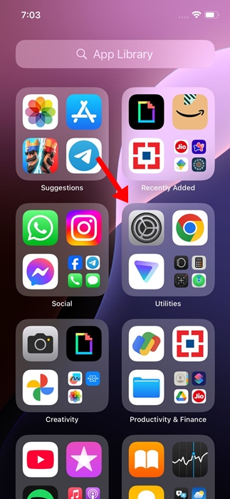 Captura de pantalla de Configuración en iPhone