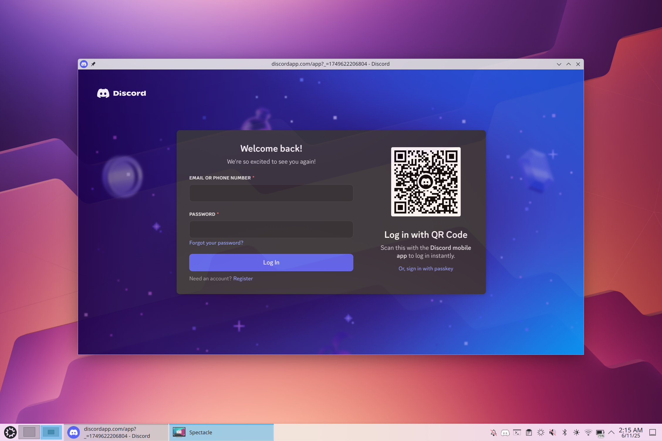 Transición a Linux Lo que nadie te cuenta (y funciona) 😱 13 Página de inicio de sesión de Discord en Kubuntu.