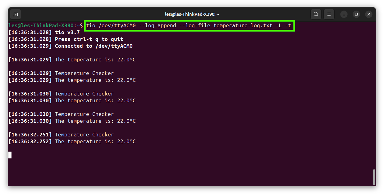Datos serial con timestamp en archivo log usando Tio