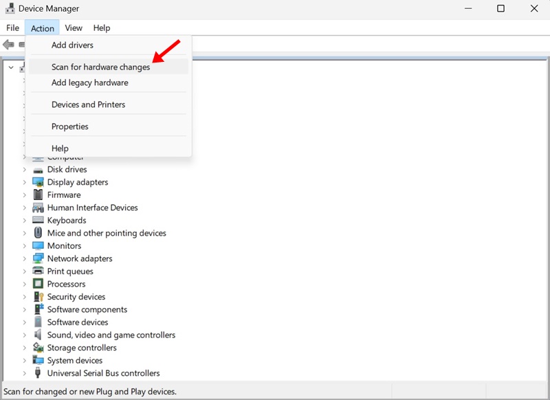 Menu akcji umożliwiające sprawdzenie zmian sprzętu w systemie Windows