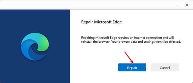 Botón reparar en el navegador Edge
