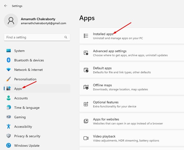 Sección de aplicaciones instaladas en configuración