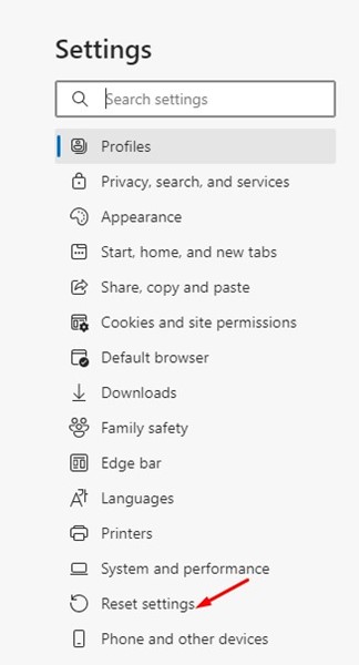 Opción restablecer configuración en Edge