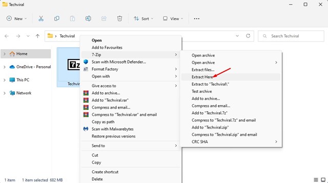 Opzione del menu contestuale di 7-Zip Estrai qui per i file DMG