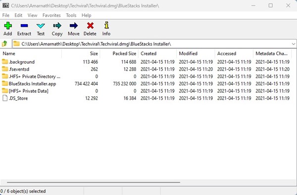 Esplora file che mostra il file DMG da aprire con 7-Zip