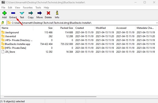 Pulsante Estrai in 7-Zip per i file DMG