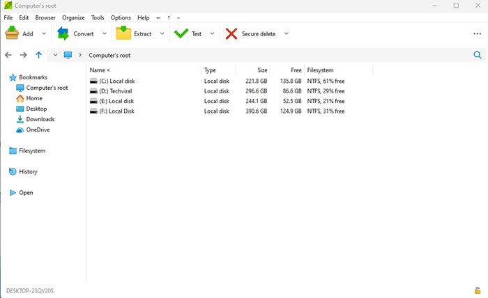 Interfaccia PeaZip che mostra l'esploratore di file