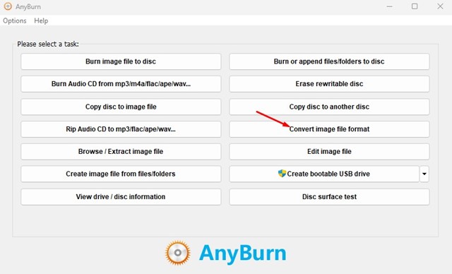 Opzioni di conversione delle immagini in AnyBurn
