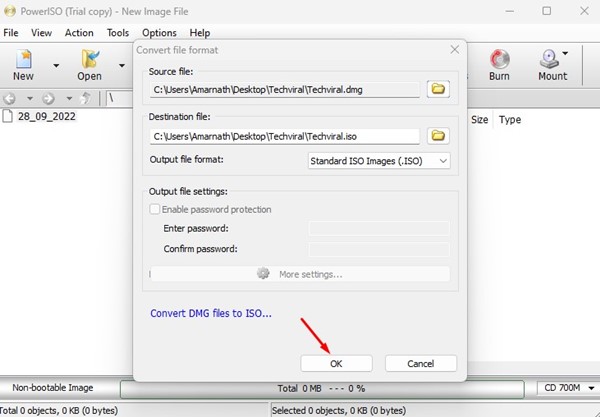 Fare clic sul pulsante OK in PowerISO per avviare la conversione.