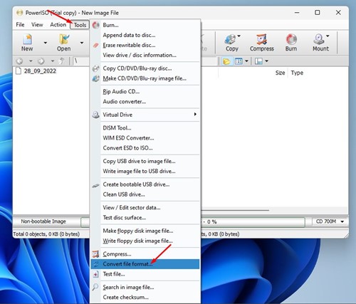 Menu per convertire un file in PowerISO