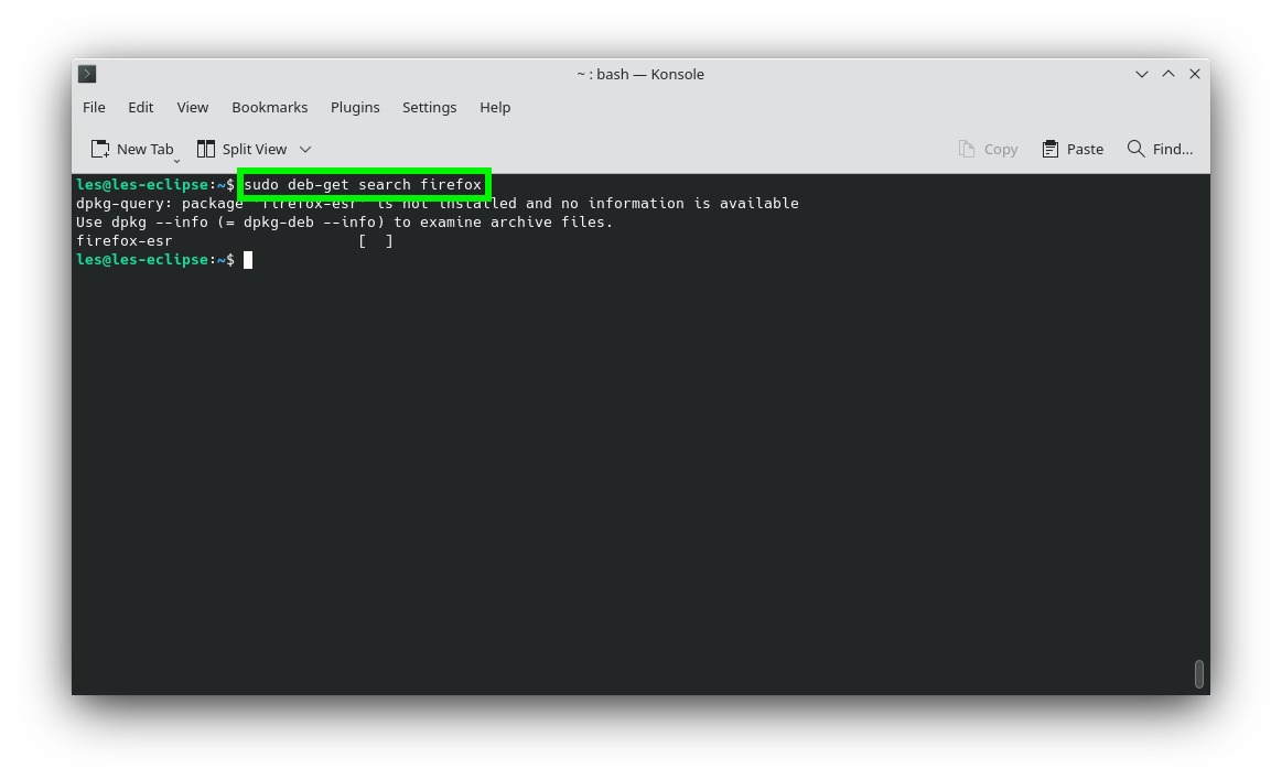 Rechercher une application Linux avec deb-get dans le terminal