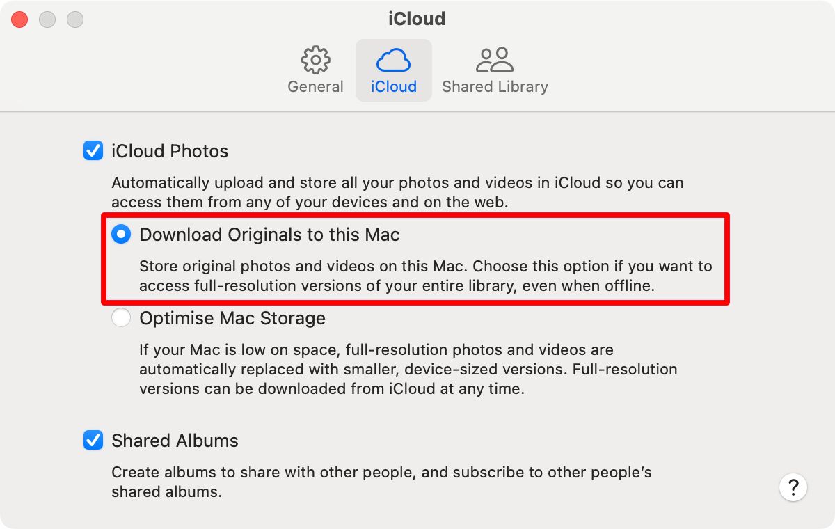 النسخ الاحتياطي للصور الحقيقية والمخاطر الخفية للوثوق بخدمة iCloud 12 إعدادات تنزيل الصور الأصلية إلى جهاز Mac الخاص بك في تطبيق الصور.