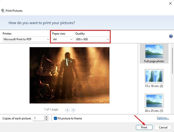 Impostazioni di stampa per PNG in PDF in Windows