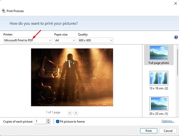 Selezionare Microsoft Print to PDF per convertire PNG in PDF.