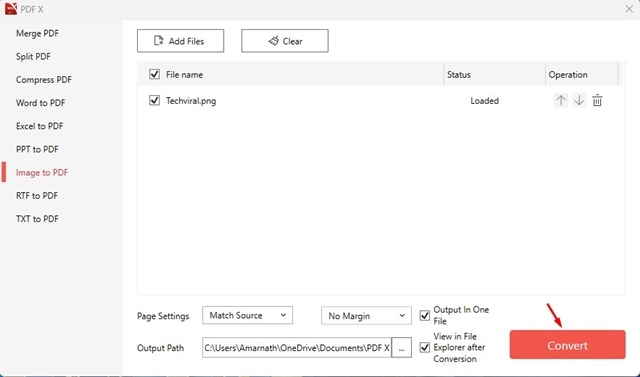 Botón convertir en PDF X para PNG a PDF
