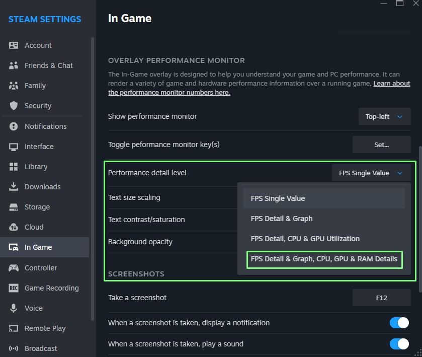 Poziom szczegółowości monitora wydajności Steam