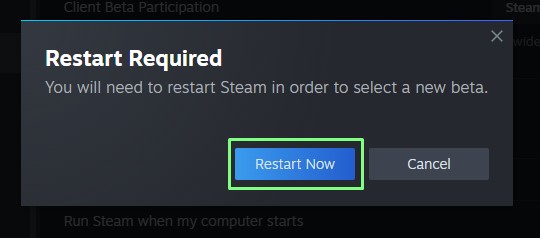 Uruchom ponownie Steam po aktywacji wersji beta